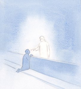 Toda a minha ansiedade foi interrompida pelo toque de Sua mão. Ele me mostrou minha dignidade, como amigo dele, e me encorajou a confiar., 2000 (w - c no papel) de Elizabeth Wang