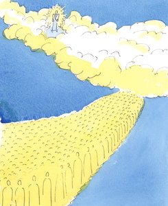 Todos os santos no céu sabem o que as pessoas desde Moisés sabiam, que Deus quer que honremos nossa mãe e nosso pai, 2004 (w - c no papel) de Elizabeth Wang