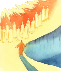 Todas as almas do Purgatório juntam-se às nossas orações, enquanto louvamos o Pai, por Cristo, no Espírito, na Missa, 2005 (aguarela sobre papel) de Elizabeth Wang
