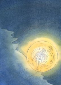 Todos os que compartilham a vida trinitária de Deus podem se sentir seguros na morte - como se estivessem caindo de um penhasco, mas mantidos no alto sob a luz de Deus até chegarem ao outro lado, 2003 (w - c no papel) de Elizabeth Wang
