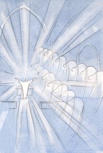 Anjos e Santos curvam-se em adoração à oferta de Cristo: "Por Ele, com Ele, Nele", 2001 (w - c no papel) de Elizabeth Wang