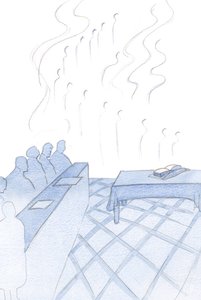 Os anjos ecoaram os humildes cantos dos frades, seu culto entrelaçado em alegria e bandeiras brilhantes, 2000 (w - c no papel) de Elizabeth Wang