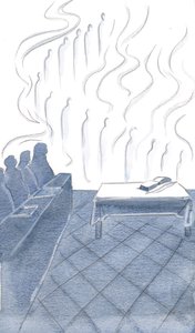 Os anjos ecoaram os humildes cantos dos frades, seu culto entrelaçado em alegria e bandeiras brilhantes, 2000 (w - c no papel) de Elizabeth Wang