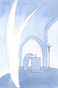 Os anjos honram a dignidade do povo amado de Cristo; eles se curvam em saudação, 2000 (w - c no papel) de Elizabeth Wang