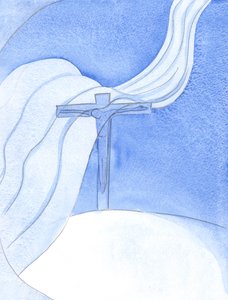 Enquanto Cristo derrama Seu Sangue em uma Nova Aliança, um grande vento malévolo sopra sobre a Cruz, ameaçando e destruindo, 2001 (w - c no papel) de Elizabeth Wang