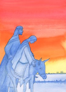 Enquanto Maria viajava para Belém, ela era como o Filho que ela geraria, semelhante a Ele em humildade, amor, confiança e obediência, 2003 (w - c no papel) de Elizabeth Wang