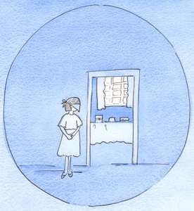 Como um pai amoroso aumenta a alegria de seu filho, antes de uma festa, pedindo que ela espere, com os olhos vendados, enquanto os preparativos são feitos, assim Deus esconda as alegrias que virão, para o nosso bem, 2003 (c - c no papel) de Elizabeth Wang