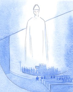 Enquanto as mãos de um novo sacerdote eram ungidas ("Que Jesus te proteja"), Cristo, vestido como nosso Bispo, estava no santuário, 2001 (w - c no papel) de Elizabeth Wang