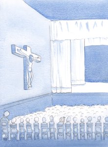 Como uma criança não católica em uma escola católica, eu costumava olhar para a figura na Cruz, me perguntando quem Ele era, e por que Ele estava lá, 2000 (w - c no papel) de Elizabeth Wang