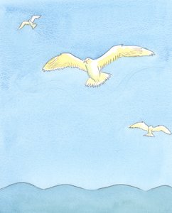 Como uma gaivota voa sem esforço no alto, descansando nos ventos enquanto olha ao redor, então a alma pode voar sem esforço em oração, 2003 (w - c no papel) de Elizabeth Wang