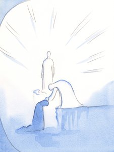 Como se curvasse em um pedestal, Nossa Senhora estendeu a mão e acariciou minha cabeça. Ela se delicia com aqueles que falam com alegria sobre ela aos outros, 2002 (w - c no papel) de Elizabeth Wang