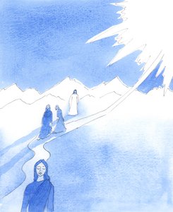 Tal como me dói o coração agora, disse-me Cristo, também o Seu coração doeu quando, na Sua vida terrena, viu as pessoas ignorarem as Suas sábias palavras e recusarem-se a seguir o Caminho para o Céu, 2005 (aguarela sobre papel) de Elizabeth Wang
