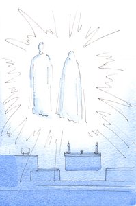 Assim que cumprimentei Cristo no tabernáculo, vi-o aparecer no alto do santuário, com sua mãe, para uma visita de aniversário de 2003 (w - c no papel) de Elizabeth Wang