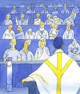 Enquanto o padre olha para sua congregação, preparando-se para pregar e ensinar na missa, ele deve se lembrar de como eles são necessitados, 2001 (w - c no papel) de Elizabeth Wang