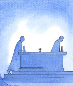 Com o passar dos anos, um sacerdote sai do altar e outro segue seus passos para oferecer o Santo Sacrifício, 2003 (w - c no papel) de Elizabeth Wang