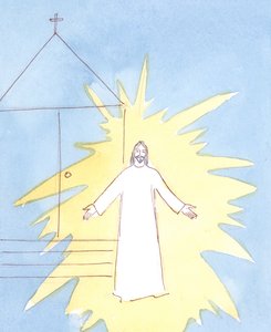 Ao entrarmos na igreja, Cristo nos cumprimenta do tabernáculo. Ele se alegra especialmente quando amamos e honramos Sua Mãe em seus dias de festa., 2004 (w - c no papel) de Elizabeth Wang