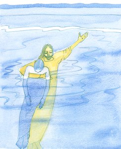 Enquanto lutamos com problemas graves, determinados a permanecer fiéis a Cristo, Ele está muito perto, segurando nos braços cada amigo querido, como um salva-vidas segura um nadador exausto, 2003 (w - c on pa de Elizabeth Wang