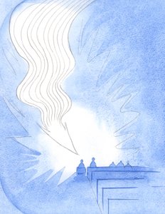 Na sagrada comunhão, uma grande chama, como uma flecha, desceu. Cristo chegou no poder do Seu Espírito, a vida do Pai, no Seu próprio amor, 2001 (w - c no papel) de Elizabeth Wang
