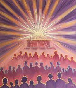 Na Missa, o Amor Divino do Pai envolve Jesus em um fogo branco do Sacrifício, 2000 (óleo a bordo) de Elizabeth Wang