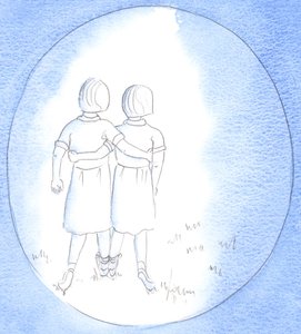 Com o nosso consentimento, Cristo pode nos atrair para uma &39;dupla&39; com Ele: como quando as crianças se abraçam, correndo avidamente na mesma direção, compartilhando o mesmo objetivo, 2002 (w - c no papel) de Elizabeth Wang