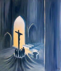 Na missa, oferecemos em ação de graças um sacrifício santo e vivo, 2001 (óleo a bordo) de Elizabeth Wang