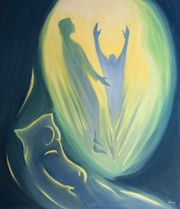 No momento da morte, a alma que morre em Cristo é arrebatada com Ele e levada ao Pai, 2000 (óleo a bordo) de Elizabeth Wang