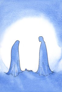 Ao ver o bebê milagroso (cuja mãe estava diante dele em santidade ainda virginal), São José foi fortemente recompensado por sua fé., 2001 (w - c no papel) de Elizabeth Wang