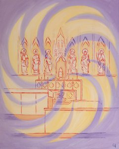 Diante do tabernáculo, estamos na Presença do Deus vivo, cuja glória trina enche a Igreja, 2003 (óleo a bordo) de Elizabeth Wang