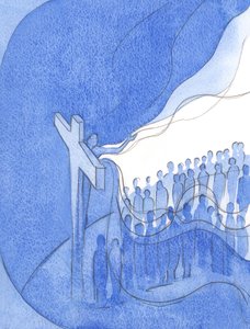 Por Sua divina compaixão e em solidariedade com Seu próprio povo na Terra, Cristo ocultou os pecados de toda a raça humana., 2001 (w - c no papel) de Elizabeth Wang