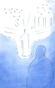 Pela oração, somos levados muito perto dos santos do céu, como se o chão do céu descesse. Todos os nossos atos de fé nos levam ainda mais perto, 2002 (w - c no papel) de Elizabeth Wang