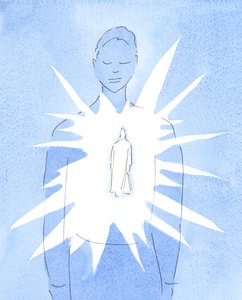 Pelo Espírito Santo, Cristo está presente na alma do batizado, irradiando Seu amor e sabedoria, irradiando a alma com alegria e bondade divinas., 2004 (w - c no papel) de Elizabeth Wang