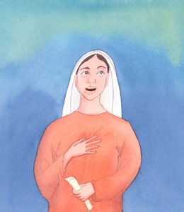 Podemos imaginar que a Santíssima Virgem Maria não sabia que o seu filho tinha ressuscitado dos mortos Ela soube, no momento da Sua ressurreição, ao experimentar no seu próprio coração a Sua felicidade e glória, 2005 (aguarela sobre papel) de Elizabeth Wang