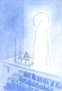Cristo e Sua Santa Mãe estão vivos, no Céu agora, gloriosos. Ser assim glorificado é ser majestoso e perfeito em todos os sentidos, 2001 (w - c no papel) de Elizabeth Wang