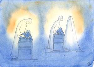 Cristo e sua mãe ficam satisfeitos sempre que nos dirigimos a eles com a simplicidade e a confiança de uma criança, 2003 (w - c no papel) de Elizabeth Wang