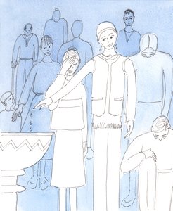Cristo nos pede para realizar uma reavaliação fundamental de nossas atitudes e ações atuais a respeito de reverência para com Ele, 2004 (w - c no papel) de Elizabeth Wang