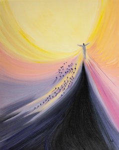 Cristo vem do coração do Pai e nos leva de volta ao abraço Divino, 2001 (óleo a bordo) de Elizabeth Wang
