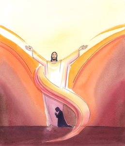 Cristo está realmente presente no tabernáculo, constantemente orando por nós, Seus braços estendidos em oração ao Pai lá em cima, a Quem Cristo vê habitar na glória que ainda não podemos ver, 2000 ( de Elizabeth Wang