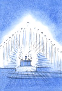 Cristo está presente com Seus Santos Anjos em nossa Novena e Benção; e Nossa Senhora se delicia com o nosso afeto descarado, 2002 (a - c no papel) de Elizabeth Wang