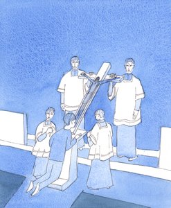 Cristo é tocado no coração por cada sinal de devoção a Ele em Sua Paixão - que Ele suportou por amor a todos nós, 2004 (w - c no papel) de Elizabeth Wang