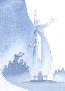 Cristo é verdadeiramente um conosco, por Sua carne e sangue, e também um com o Pai (a quem Ele nos atrai) por causa de Sua divindade., 2000 (w - c no papel) de Elizabeth Wang