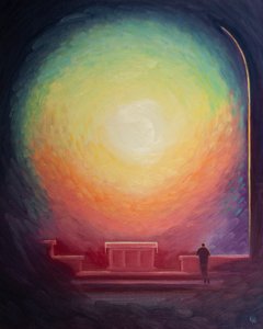 Cristo está verdadeiramente presente no Santíssimo Sacramento. Agradamos e honramos a Deus quando nos ajoelhamos para agradecê-Lo por nos permitir fazer Sua obra na terra - especialmente os sacerdotes, 2003 (óleo a bordo) de Elizabeth Wang