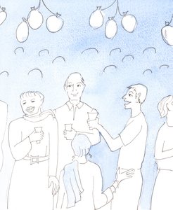 Cristo olha com alegria quando celebramos a vida ou as boas novas partilhando comida e bebida com os amigos, numa festa, em genuíno deleite mútuo, com o desejo de dar alegria e de confortar os corações cansados. Heave de Elizabeth Wang