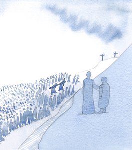 Cristo olha com ternura para a nossa lembrança de Sua sagrada Paixão. Ele ama a nossa devoção e vê como avançamos em humildade., 2000 (w - c no papel) de Elizabeth Wang