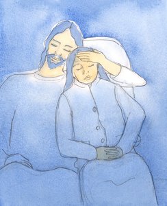 Cristo adora receber Seus amigos na Sagrada Comunhão, 2004 (w - c no papel) de Elizabeth Wang