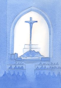 Cristo oferece do nosso santuário o mesmo Sacrifício que Ele ofereceu na cruz: uma completa auto-oferta ao Pai, 2002 (w - c no papel) de Elizabeth Wang