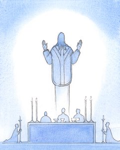Cristo nosso Senhor ressuscitado esteve presente sobre o altar, como se subisse do túmulo, com as mãos levantadas ao Pai, intercedendo por nós que cremos Nele, nosso Sumo Sacerdote., 2003 (c - c no papel) de Elizabeth Wang