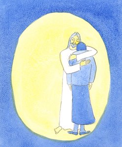 Cristo me mostrou na Sagrada Comunhão que Ele estava me abraçando, como se abraça uma criança para consolá-la, para me ajudar em minhas dificuldades., 2004 (w - c no papel) de Elizabeth Wang