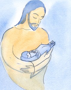 Cristo mostrou-me que no meu sofrimento presente estou como se estivesse deitado nos braços do Pai, carregado com ternura, 2002 (c - c no papel) de Elizabeth Wang