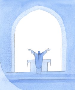 Cristo está no altar, implorando em nosso nome, Seus braços bem abertos, implorando por Seu povo, pelos vivos e mortos, e oferecendo nossas orações como Suas, 2002 (w - c no papel) de Elizabeth Wang