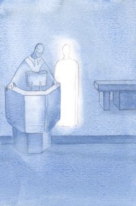 Cristo ficou ao lado do sacerdote que lia o Santo Evangelho para todos nós, que era a própria palavra de Cristo., 2000 (w - c no papel) de Elizabeth Wang